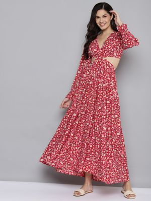 Red & Beige Floral Waist Cut-Out Maxi Dress (SASSAFRAS)