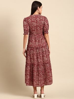 Red Floral Ethnic A-Line Cotton Midi Ethnic Dress (anayna)