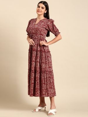 Red Floral Ethnic A-Line Cotton Midi Ethnic Dress (anayna)