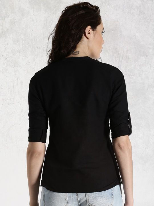 Roadster Black Pure Cotton Top With Roll-Up Sleeves
