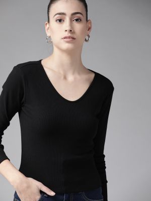 Roadster Black Solid Ribbed Top