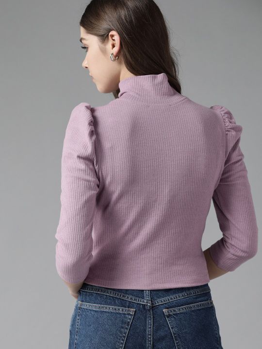 Roadster Lavender Ribbed Top with Puff Sleeves