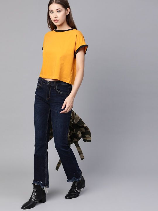 Roadster Mustard Yellow Round Neck Cropped Boxy Top