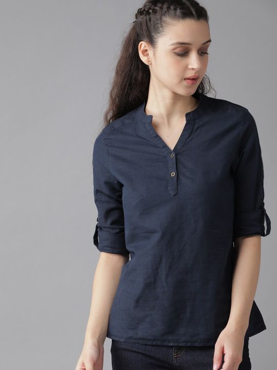 Roadster Navy Blue Solid Mandarin Collar Roll-Up Sleeves Shirt Style Top