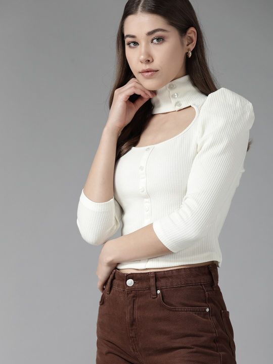 Roadster Off White Ribbed Top with Puff Sleeves