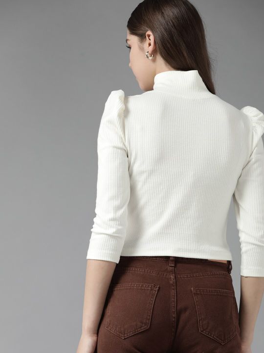Roadster Off White Ribbed Top with Puff Sleeves