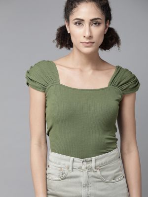 Roadster Olive Green Ribbed Gathered Fitted Top