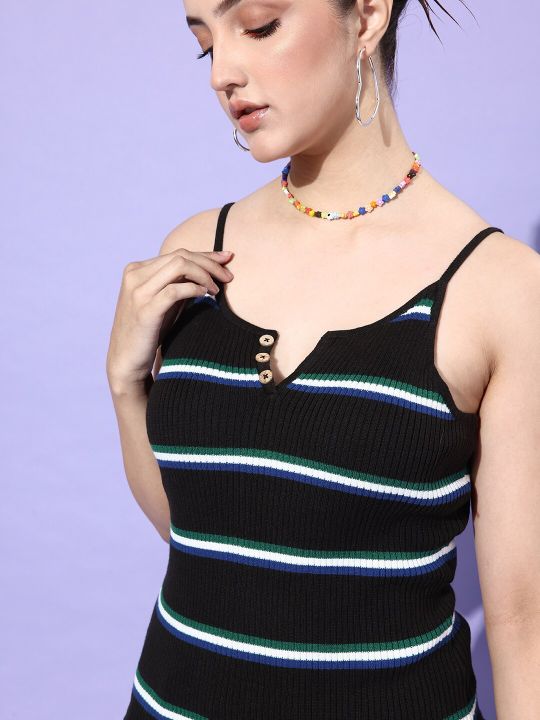 Roadster The Lifestyle Co Black & Blue Self-Striped Ribbed Split Neck with Shoulder Straps Top