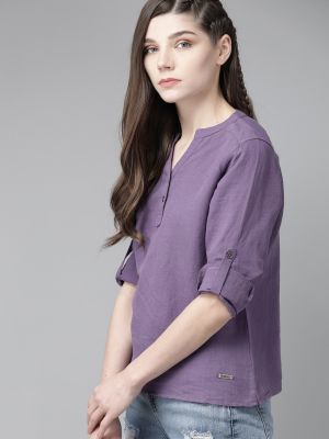 Roadster The Lifestyle Co Purple Cotton Linen Solid Mandarin Collar Top
