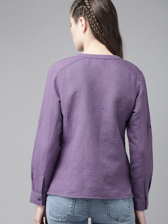 Roadster The Lifestyle Co Purple Cotton Linen Solid Mandarin Collar Top