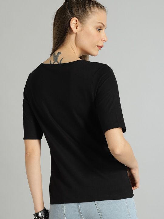 Roadster The Lifestyle Co Women Black Solid Pure Cotton Top