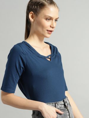Roadster The Lifestyle Co Women Blue Solid Pure Cotton Top