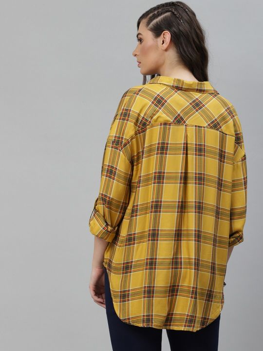 Roadster The Lifestyle Co Women Ecovero Mustard Yellow Black Boxy Checked High-Low Shirt Style Sustainable Top