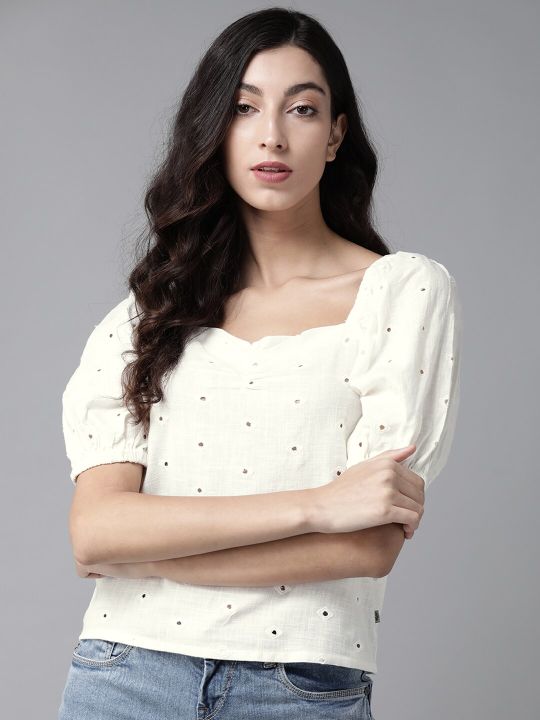 Roadster The Lifestyle Co Women Off White Cotton Schiffli Embroidered Sweetheart Neck Regular Top