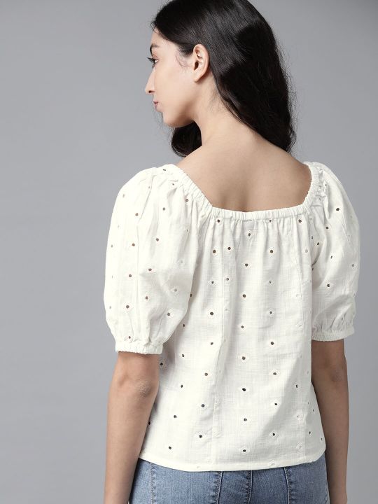 Roadster The Lifestyle Co Women Off White Cotton Schiffli Embroidered Sweetheart Neck Regular Top