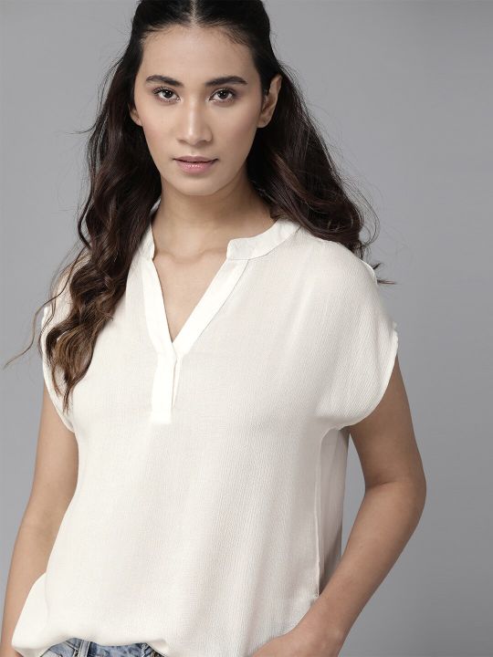 Roadster The Lifestyle Co Women Off-White Solid Boxy Top