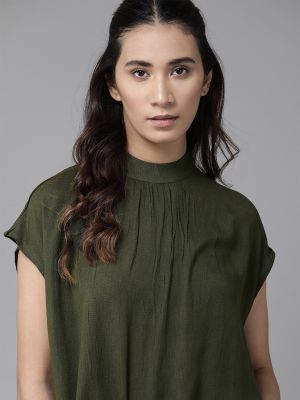 Roadster The Lifestyle Co Women Olive Green Solid Boxy Top