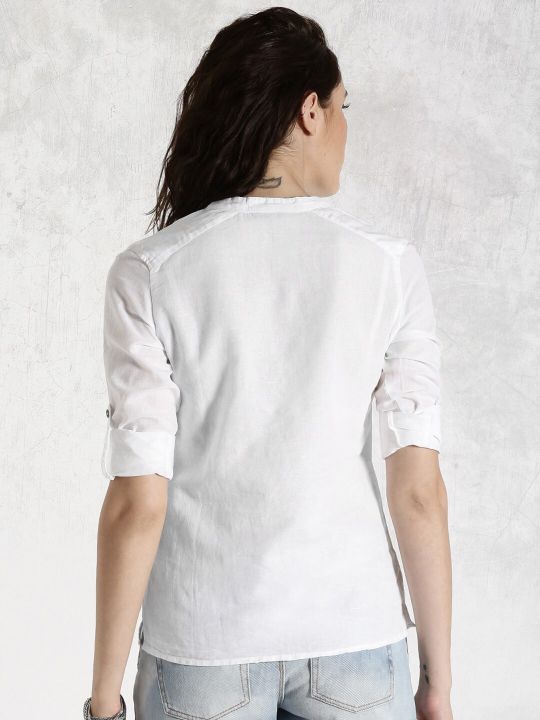 Roadster White Pure Cotton Top With Roll-Up Sleeves