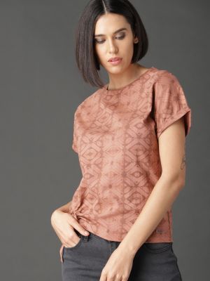 Roadster Women Beige Printed Pure Cotton Top with Tie-up Detail