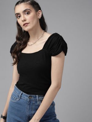 Roadster Women Black Ribbed Ruched Top