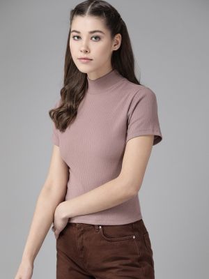 Roadster Women Mauve Solid High Neck Ribbed Top