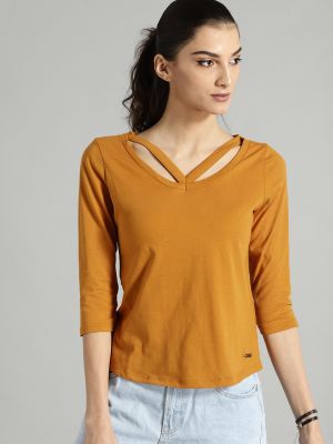 Roadster Women Mustard Yellow Solid Styled Back Top