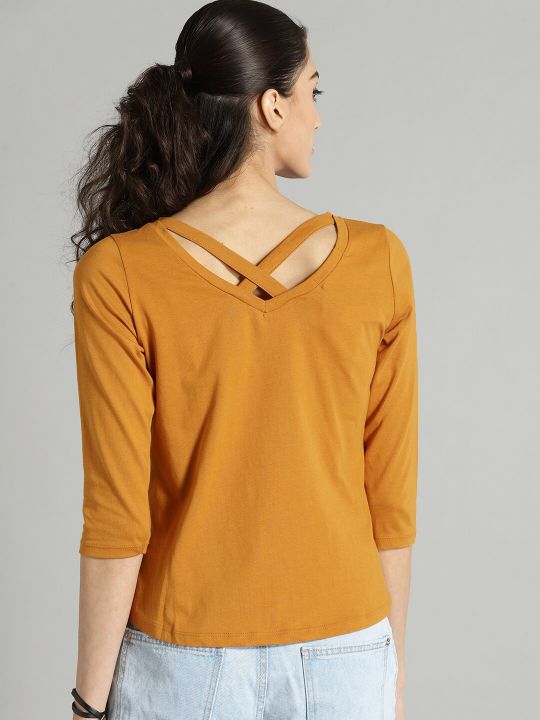 Roadster Women Mustard Yellow Solid Styled Back Top