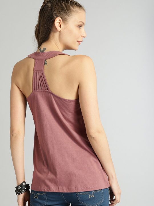 Roadster Women Peach-Coloured Solid Tank Top