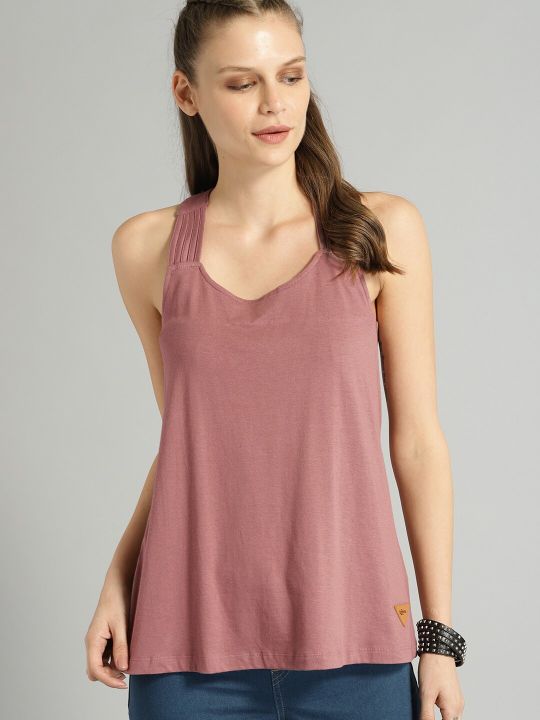 Roadster Women Peach-Coloured Solid Tank Top