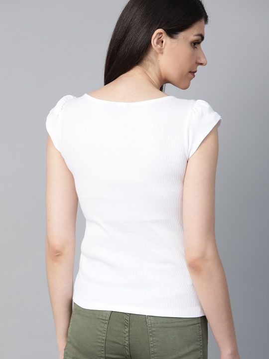 Roadster Women White Ribbed Pure Cotton Top