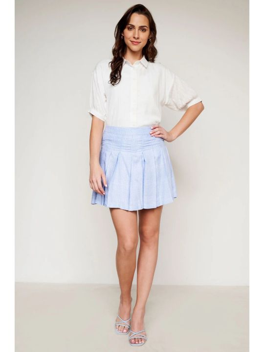 Self Design Blue Box Pleat Mini Skirt (AND)