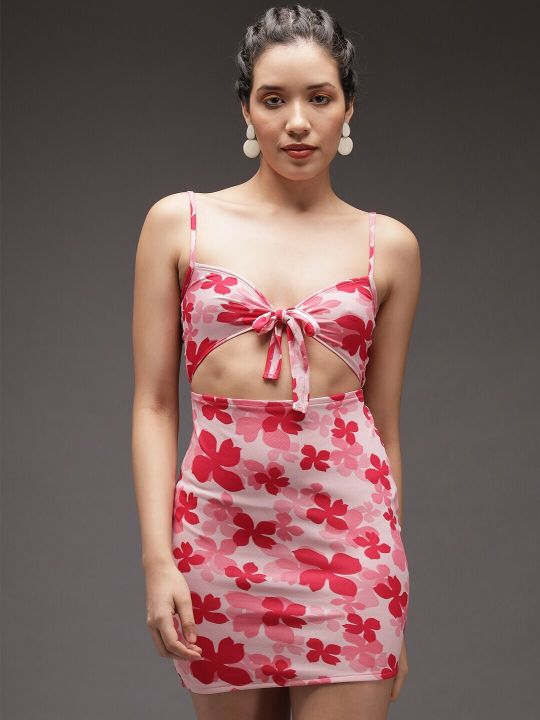 Shoulder Straps Floral Printed Bodycon Mini Dress (Darzi)