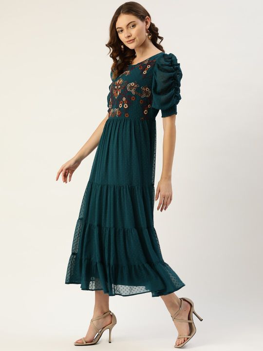 Teal Green & Brown Floral Dobby Woven Embellished Maxi Tiered Dress (Antheaa)