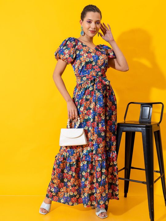 V-Neck Floral Tiered Belted Maxi Dress With Puff Sleeves (Stylecast X Hersheinbox)