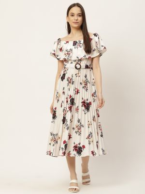 White & Multicoloured Floral Off-Shoulder Layered Crepe A-Line Midi Dress (Slenor)