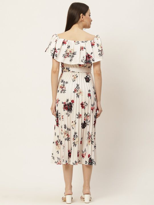 White & Multicoloured Floral Off-Shoulder Layered Crepe A-Line Midi Dress (Slenor)