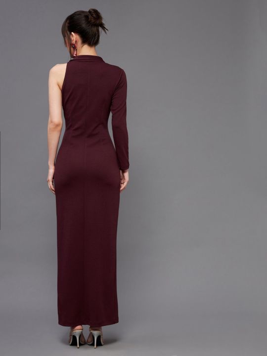 Wine V Neck Asymmetric Sleeve Embellished Blazer Maxi Dress (Miss Chase)