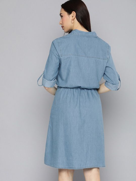 Women Blue Solid Denim Fit and Flare Dress (Chemistry)