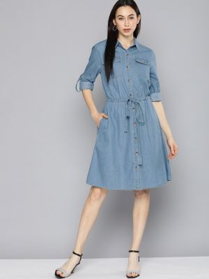 Women Blue Solid Denim Fit and Flare Dress (Chemistry)