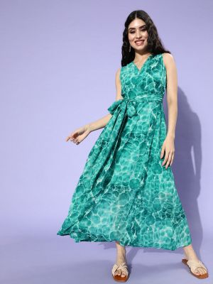 Women Gorgeous Green Floral Cinched Waist Dress (plusS)