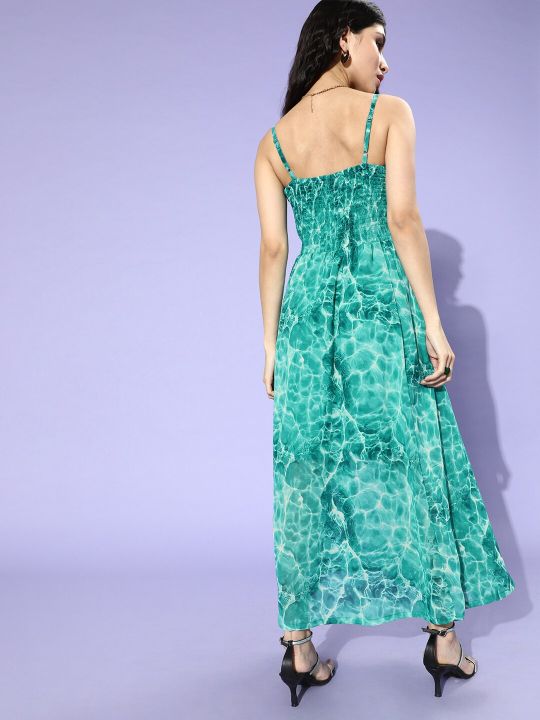 Women Green Floral Smocked Dress (plusS)