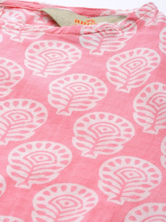 Women Pink & White Ethnic Motifs Printed Bell Sleeves Kurta (Anouk)