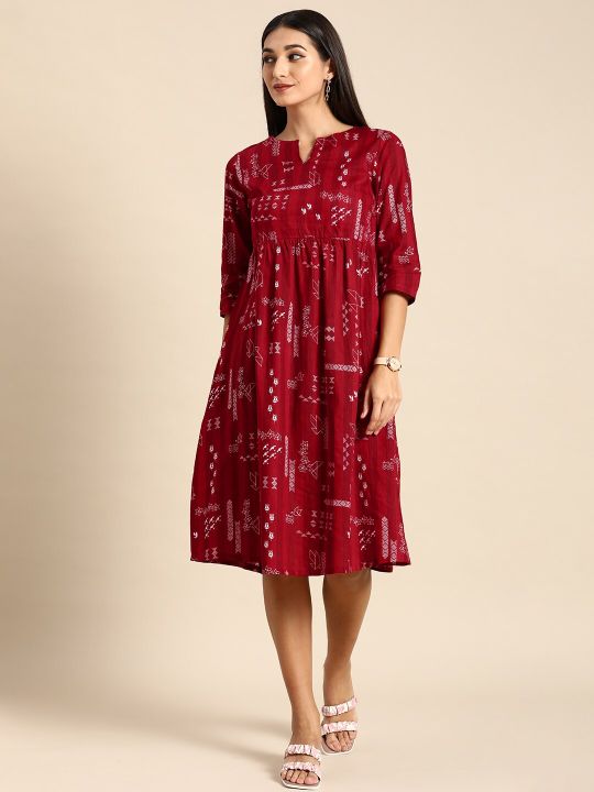 Women Red & WhiteGeometric Printed Pure Cotton Fit And Flare Midi Dress (Anouk)
