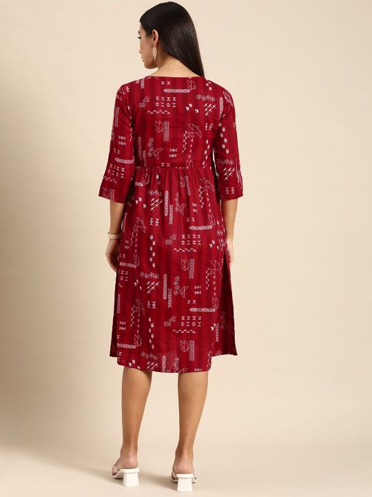 Women Red & WhiteGeometric Printed Pure Cotton Fit And Flare Midi Dress (Anouk)