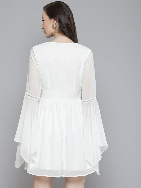 Women White Solid Bell Sleeves A-Line Dress (SASSAFRAS)