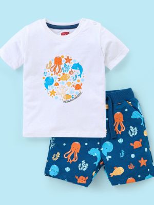 100% Cotton Half Sleeves Tee With Shorts Set Octopus & Dolphin Print