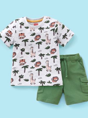 100% Cotton Half Sleeves Tee With Shorts Set Tiger & Lion Print