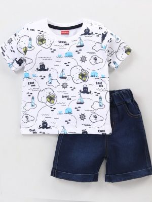 100% Cotton Knit Half Sleeves T-Shirt & Denim Shorts Set Sea Map Print