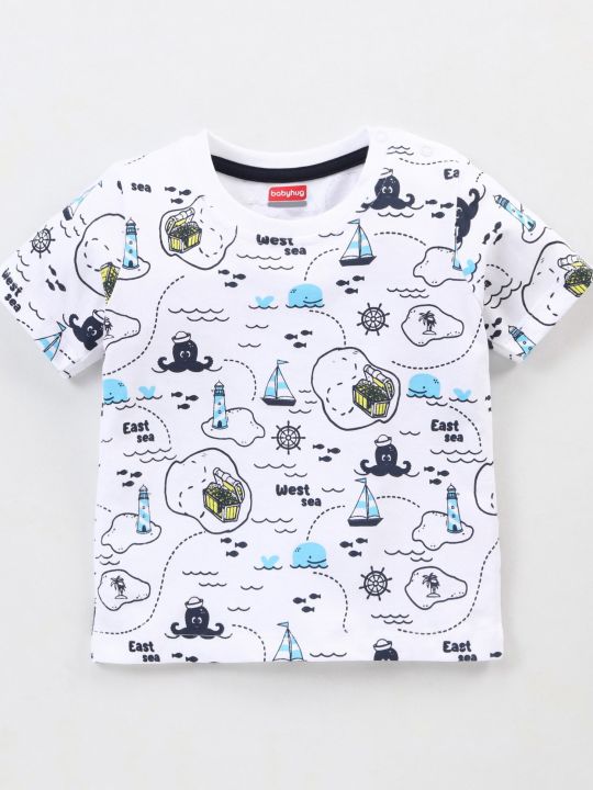 100% Cotton Knit Half Sleeves T-Shirt & Denim Shorts Set Sea Map Print