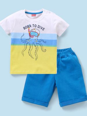 100% Cotton Single Jersey Half Sleeves T-Shirt & Shorts Set Octopus Print